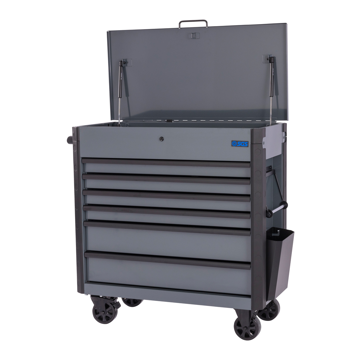 SGS 38in Tool Trolley Cart with Lid | 6 Drawers | Paper Towel Holder | Side Trays | Grey